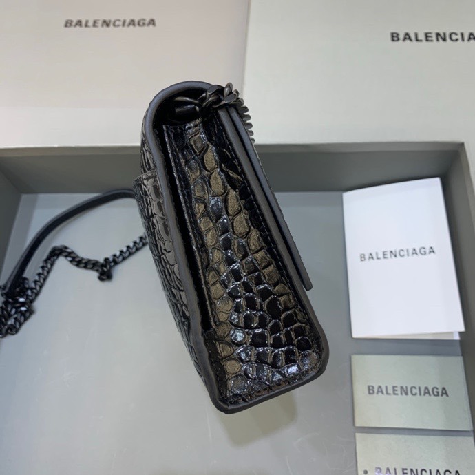 Balenciaga Big Hourglass Wallet With Chain Crocodile Embossed Shoulder Bag Black